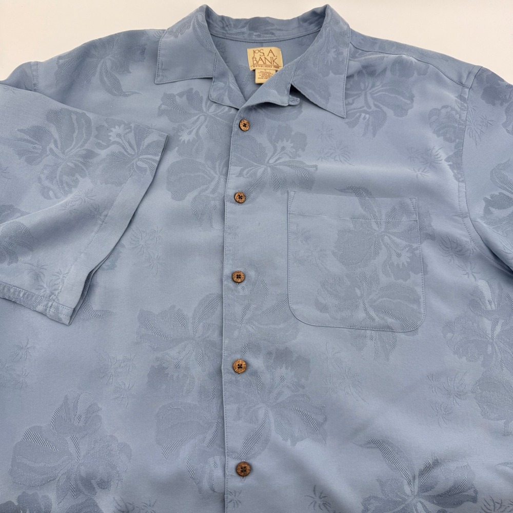 Jos A Bank Camp Shirt Mens Large Blue Floral Jacquard Modal Blend Short Sleeve